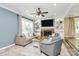 Spacious living room with large windows, fireplace, and modern furniture at 1011 Bydeford Ct, Matthews, NC 28105