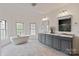 Bright bathroom with a soaking tub, gray vanities, and a separate walk-in shower at 11841 Churchfield Ln, Charlotte, NC 28277