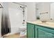 Bathroom with vanity, tile flooring, shower with curtain and new fixtures at 14904 Rosemary Way Dr, Huntersville, NC 28078
