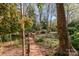 The backyard offers plenty of mature trees, a walking path, and lush landscaping at 1601 Wandering Way Dr, Charlotte, NC 28226
