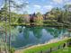 Picturesque estate features a serene pond reflecting the grand home and lush landscaping at 1601 Wandering Way Dr, Charlotte, NC 28226