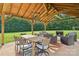 Inviting outdoor living space featuring a dining table, comfortable seating, fireplace and wood beam pergola at 2018 Whiskery Ct, York, SC 29745
