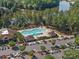 Aerial view of the community pool and parking area surrounded by lush trees and lake view at 26444 Sandpiper Ct, Fort Mill, SC 29707