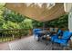 Spacious deck with a shade awning and comfortable blue seating at 3505 Mallard Cove Ct, Charlotte, NC 28269