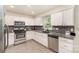 Updated kitchen features gray granite countertops, stainless appliances, and gray subway tile backsplash at 3505 Mallard Cove Ct, Charlotte, NC 28269