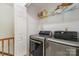 Cozy laundry area equipped with modern, front-load, stainless steel washer and dryer and plenty of storage space at 3505 Mallard Cove Ct, Charlotte, NC 28269