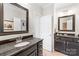 Bathroom features a double vanity with dark counters and a white door to another room at 738 Rocky Hollow Trl, Clover, SC 29710
