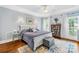 Comfortable bedroom with soft blue walls, hardwood floors, and windows with natural light at 738 Rocky Hollow Trl, Clover, SC 29710