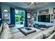 Spacious living room featuring a large sectional sofa, entertainment center, and access to outdoor patio at 159 Holly Ridge Dr, Mooresville, NC 28115