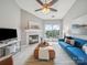 Relaxing living room with a ceiling fan, fireplace, blue sofa, and outdoor access at 18817 Nautical Dr # 302, Cornelius, NC 28031