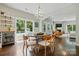 Charming dining area with views of the pool, modern light fixture, and wood flooring at 1970 Topaz Plz, Davidson, NC 28036
