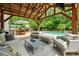 Covered outdoor living space featuring comfortable seating, fireplace, and pool view at 1970 Topaz Plz, Davidson, NC 28036