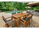 Patio dining area with pool views, complemented by outdoor seating and lush landscaping at 1970 Topaz Plz, Davidson, NC 28036