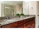 Bathroom features a granite-topped double vanity, large mirror, and a tiled shower behind glass at 203 Rustling Waters Dr, Mooresville, NC 28117
