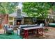 An inviting outdoor fireplace with stone surround offers cozy seating and a rustic ambiance in the backyard at 506 Clement Ave, Charlotte, NC 28204