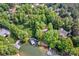 Picturesque aerial view of homes and a lakefront property featuring lush trees and a private dock at 669 Kenway Loop, Mooresville, NC 28117