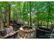 Outdoor living area with a stone fire pit and comfortable seating in a serene wooded setting at 7798 Sand Trap Ln, Stanley, NC 28164