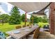 Spacious backyard featuring an outdoor dining setup under stylish sunshades, ideal for entertaining and relaxation at 133 Upland Dr, Statesville, NC 28625