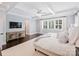 Spacious main bedroom boasts a tray ceiling, and large windows dressed in white shutters for natural light and elegance at 431 Wonderwood Dr, Charlotte, NC 28211