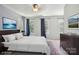 Staged bedroom with hardwood floors, modern furniture, and large windows that provide lots of light at 6516 Laurel Springs Ct, Charlotte, NC 28227