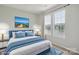 Bedroom with bed, blue accent pillows and rug, bedside table and art of a blue ocean road at 6516 Laurel Springs Ct, Charlotte, NC 28227