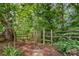 The property's wooded backyard has a small gate and a path, offering serene views and a sense of privacy at 6935 Woodstock Dr, Charlotte, NC 28210