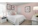 Bright bedroom featuring a white bed and tasteful decorations with pink walls at 1202 Elm Forest Ln, China Grove, NC 28023