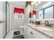 Bathroom with double vanity, granite countertops, and red valance at 141 Badin Lake Cir, New London, NC 28127