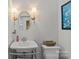 Modern powder room featuring pedestal sink, sconce lighting and framed artwork at 1619 Providence Rd, Charlotte, NC 28207
