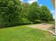 Backyard featuring a lush lawn, mature trees, patio with a stone firepit, and fence at 1660 Beleek Ridge Ln, Lake Wylie, SC 29710