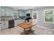 Bright kitchen featuring blue cabinets, modern appliances, and a dining table at 2131 Lee St, Gastonia, NC 28054