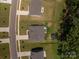 Aerial view of a property showcasing a well-manicured lawn, patio, storage shed, and surrounding neighborhood at 250 Winford Rd, Troutman, NC 28166