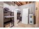 Unfinished basement featuring storage shelves, hot water heater, and exposed ceiling at 2695 Queens Rd, Lincolnton, NC 28092