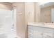 Bathroom with vanity, mirror, and shower-tub combo with neutral color scheme at 2695 Queens Rd, Lincolnton, NC 28092