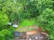 Overhead view of the house showing the roof, deck, trampoline, shed and surrounding yard at 3800 Lovett Cir, Charlotte, NC 28210