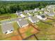 Scenic aerial view captures homes with landscaped yards, green trees, and a serene pond at 5314 Upton Pl, Charlotte, NC 28215