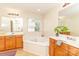 Well-lit bathroom showcasing a soaking tub, dual vanities, mirrors, and natural light at 1006 Apogee Dr, Indian Trail, NC 28079