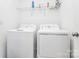 Bright laundry room features modern washer and dryer with shelving for storage at 13140 Sudwick Ln, Charlotte, NC 28278