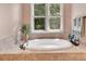 Bright bathroom featuring a soaking tub with tile surround and serene window views at 1600 Buckland Ct, Indian Land, SC 29707