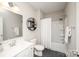 Clean bathroom with a shower-tub combo, modern vanity, stylish mirror, and hexagon tile flooring at 25952 Appleyard Ct, Lancaster, SC 29720
