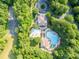 Aerial view of community pools featuring mature trees, lounge chairs, and well-maintained landscaping at 5963 Pale Moss Ln, Charlotte, NC 28269