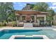 Inviting backyard oasis with a sparkling pool, stone fireplace, and comfortable seating area at 639 Edgemont Rd, Charlotte, NC 28211