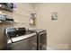 Modern laundry room featuring high-end washer and dryer, along with storage shelves at 8232 Bretton Woods Dr, Charlotte, NC 28227