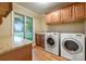 Bright laundry room featuring granite counters, cabinets, a sink, and modern LG washer and dryer units at 22501 John Gamble Rd, Cornelius, NC 28031