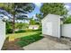 A well maintained backyard featuring lush green grass, a shed, and mature trees at 5322 Jocelyn Ln, Charlotte, NC 28269