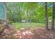 Serene backyard featuring mature trees, a cozy hammock, and a rustic wooden fence, perfect for relaxation and privacy at 7033 Spandril Ln, Charlotte, NC 28215