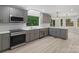 Kitchen with gray cabinetry, tile backsplash, stainless appliances, and large window with a wooded view at 136 Digh Cir # 4, Mooresville, NC 28117