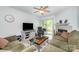 Cozy living room with fireplace, ceiling fan, plush seating, and sliding door to a balcony at 18741 Nautical Dr # 205, Cornelius, NC 28031
