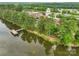 Aerial view showcasing the lakefront clubhouse with a serene dock, surrounded by lush trees and a community setting at 23117 Whimbrel Cir, Fort Mill, SC 29707