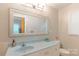 A full bathroom featuring a large mirror, vanity, toilet, and neutral paint at 6128 Coatbridge Ln, Charlotte, NC 28212
